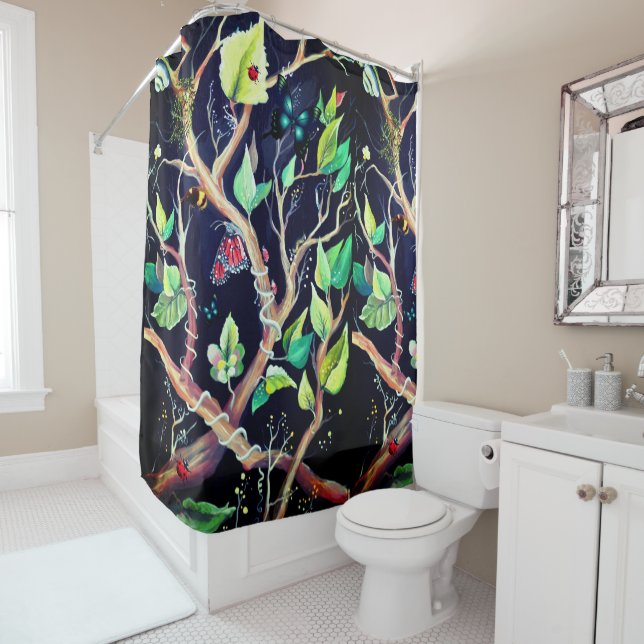 Leaves and butterflies painting shower curtain (In Situ)