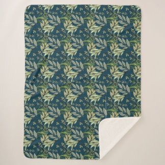 Leaves and Flowers Blue Background Sherpa Blanket