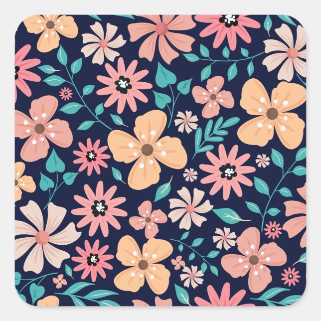 Leaves and Flowers Pattern Blue Square Sticker (Front)