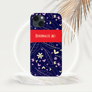 Leaves and Heart Flowers on Blue Personalised  iPhone 13 Case