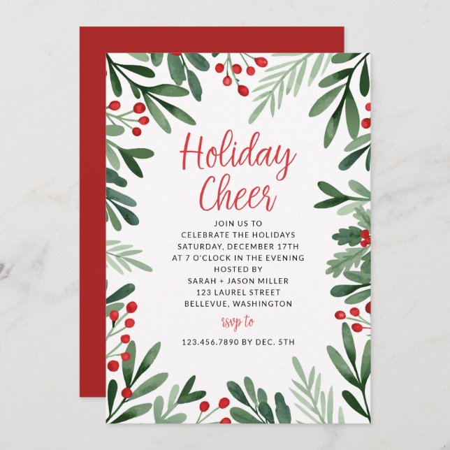 Leaves and Holly Border Christmas Holiday Party Invitation (Front/Back)