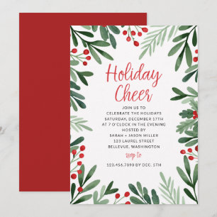 Leaves and Holly Border Christmas Holiday Party Invitation