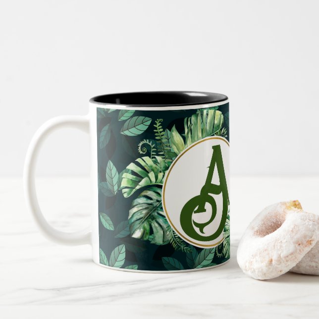 Leaves and initial personalised for plant lovers Two-Tone coffee mug (With Donut)