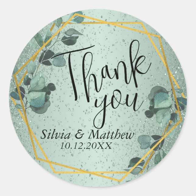 Leaves and Mint Green Glitter - Thank You   Classic Round Sticker (Front)