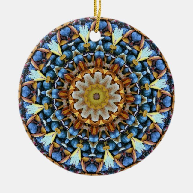Leaves and Pebbles Mandala Ceramic Tree Decoration (Front)