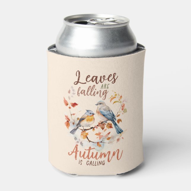 Leaves Are Falling –Whimsical Fall Birds & Foliage Can Cooler (Can Front)