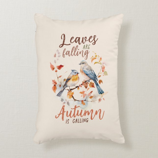 Leaves Are Falling –Whimsical Fall Birds & Foliage Decorative Cushion (Front(Vertical))