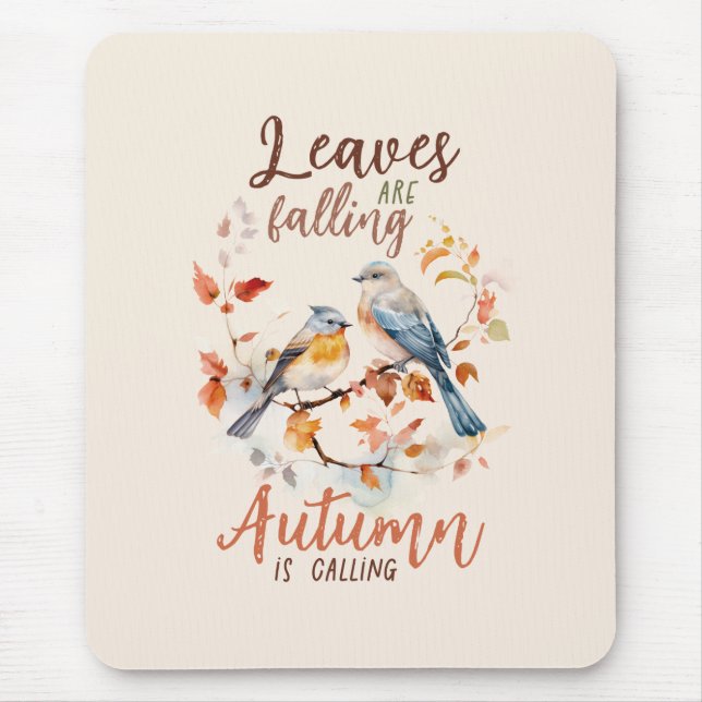 Leaves Are Falling –Whimsical Fall Birds & Foliage Mouse Mat (Front)