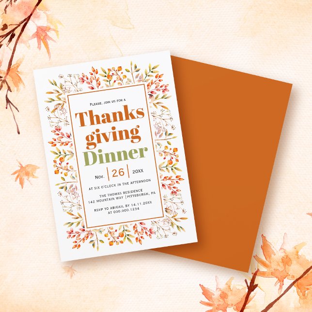Leaves, berries burnt orange Thanksgiving Dinner Invitation (Creator Uploaded)