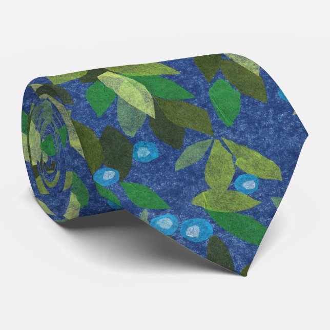 Leaves Berries Minimal Floral Pattern Simple Blue Tie (Rolled)