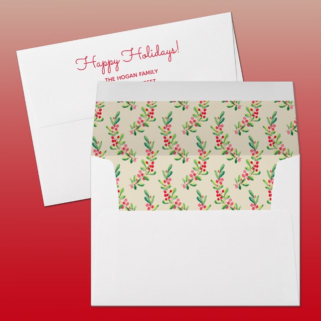 Leaves Berries on Ivory Christmas Holiday Envelope (Custom envelope with printed lining and FREE return address is perfect finishing touch to any mail.)