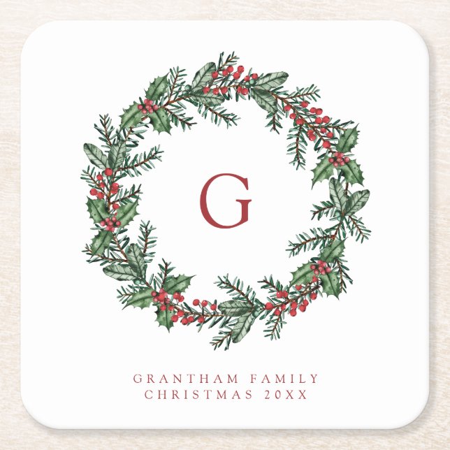 Leaves & Berries Wreath Monogram Family Christmas Square Paper Coaster (Front)