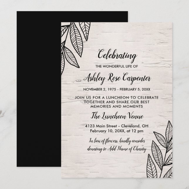 Leaves & Birch - Celebration of Life Memorial Invitation (Front/Back)