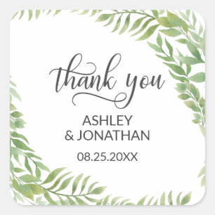 Leaves Botanical Wreath Wedding White Thank You Square Sticker