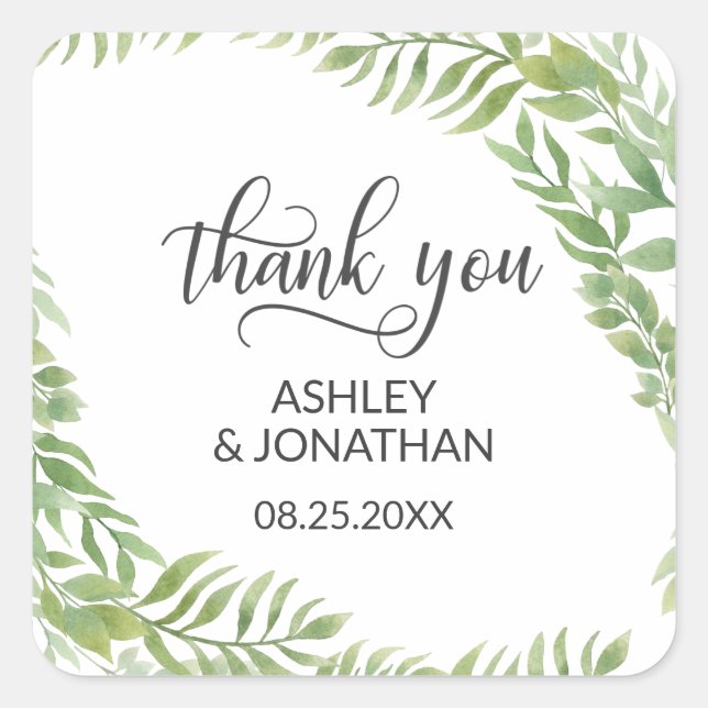 Leaves Botanical Wreath Wedding White Thank You Square Sticker (Front)