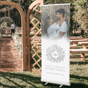Leaves circle charcoal grey white wedding photo retractable banner