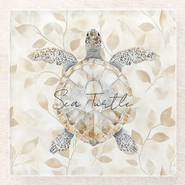 Leaves Cream Ocean Beach Sea Turtles Glass Coaster (Front)