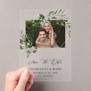 Leaves & Eucalyptus Gold H Photo Save the Date Acrylic Invitations