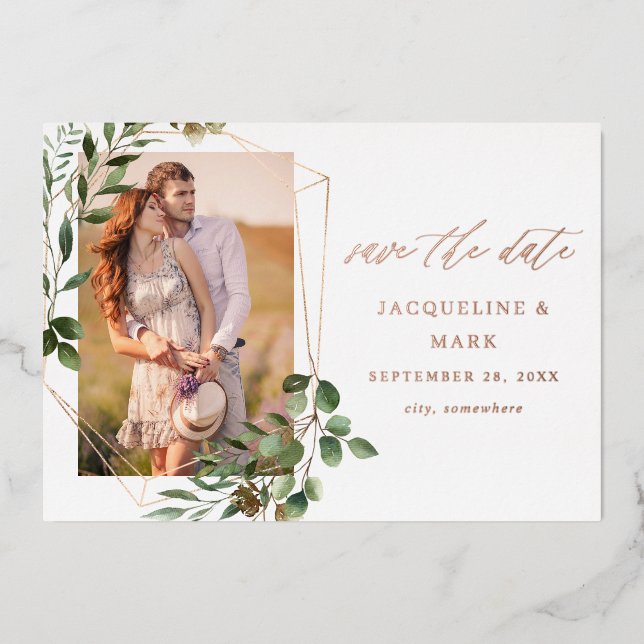 Leaves & Eucalyptus Gold V Photo Save the Date (Front)