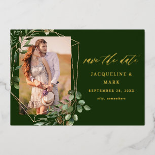 Leaves & Eucalyptus Gold V Photo Save the Date Gre