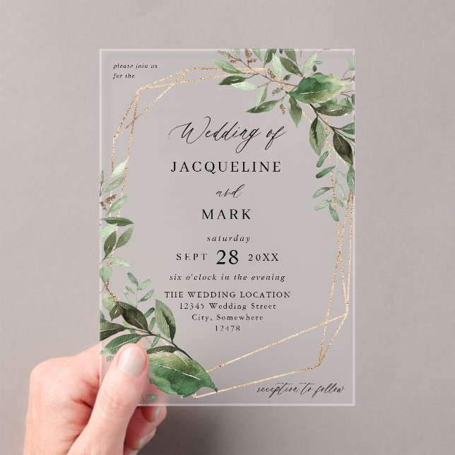 Leaves & Eucalyptus Gold Wedding Acrylic Invitations (Insitu (Handheld))