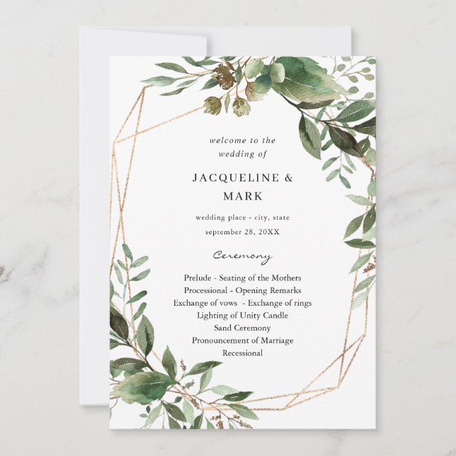 Leaves & Eucalyptus Gold Wedding Ceremony Program Invitation (Front)