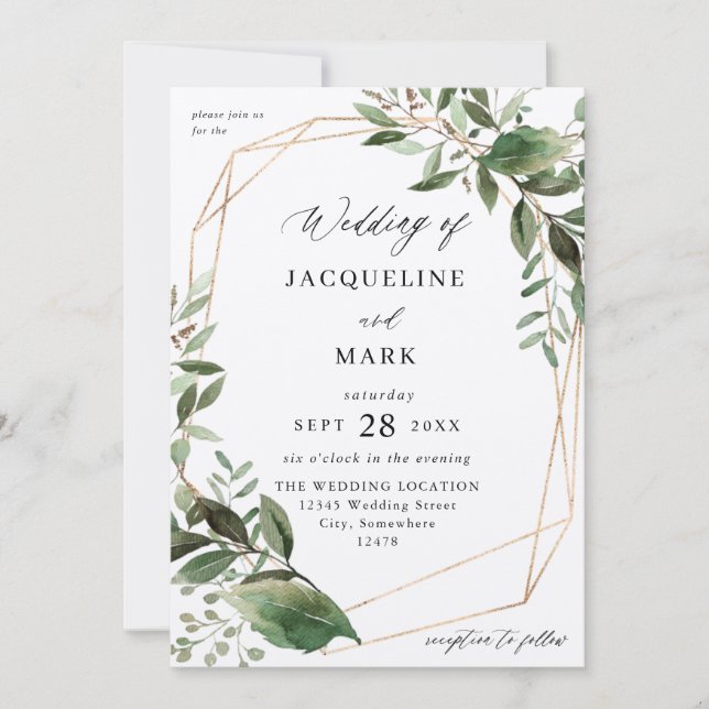 Leaves & Eucalyptus Gold Wedding Kraft Invitation (Front)
