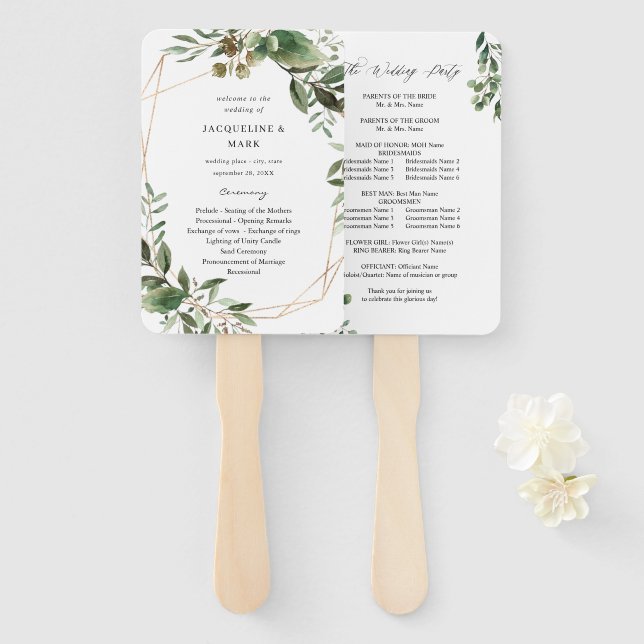 Leaves & Eucalyptus Gold Wedding Program Hand Fan (Front and Back)