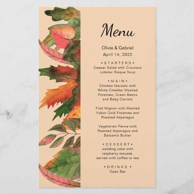 Leaves fall. Autumn stylish wedding menu (Front)