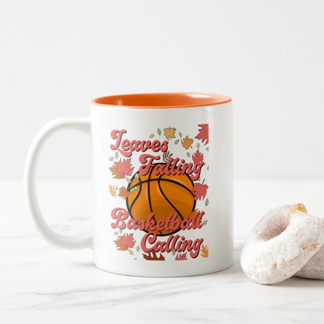 Leaves Falling Basketball Calling Retro Fall Two-Tone Coffee Mug (With Donut)