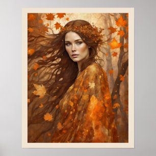 Leaves Falling Woman in Autumn Orange Gown Woman Poster