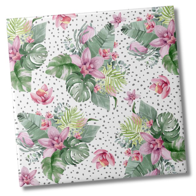 Leaves Floral Tropical Pattern Tile (Cute Trendy Dot Floral Watercolor Tropical Pattern Ceramic Tile)