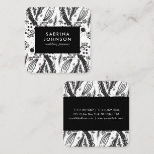 leaves flowers polka dots pattern black white square business card