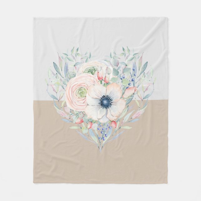Leaves & Flowers Watercolor Heart Fleece Blanket (Front)