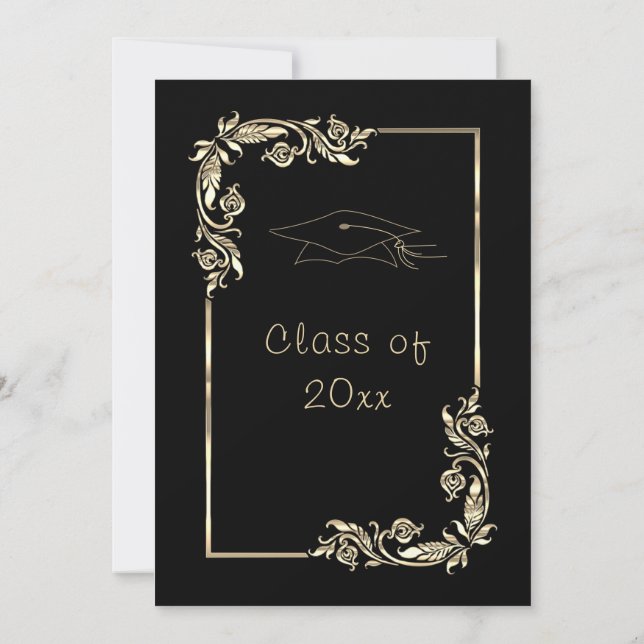 Leaves Framd Black Gold Grad Party Invitation (Back)
