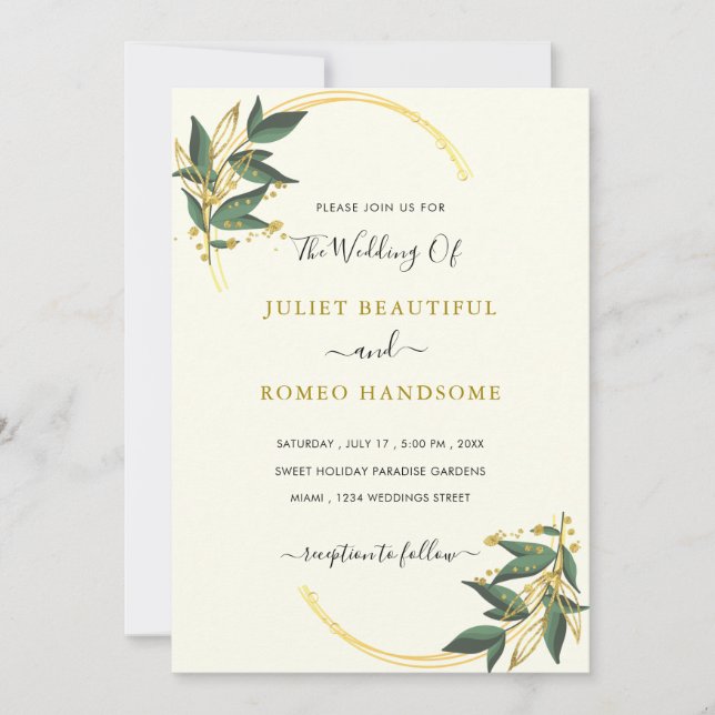 Leaves Gold Wedding Invitation Template (Front)