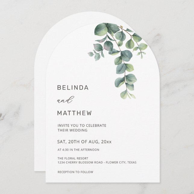 Leaves Greenery Watercolor Flowers Modern Arch Invitation (Front/Back)