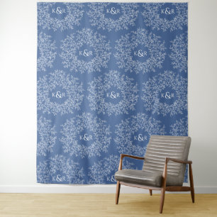 Leaves hand drawn monogram blue wedding backdrop tapestry