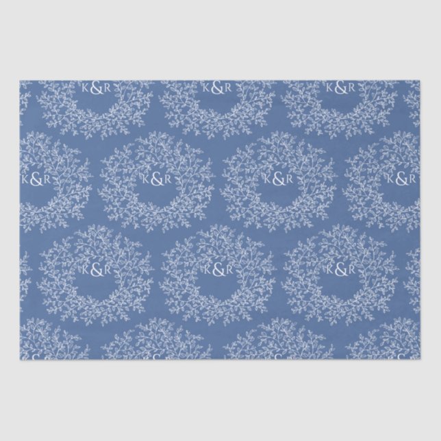 Leaves hand drawn monogram blue wedding tissue paper (Front)