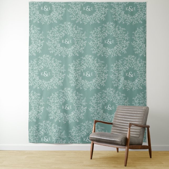 Leaves hand drawn monogram green wedding backdrop tapestry (In Situ)