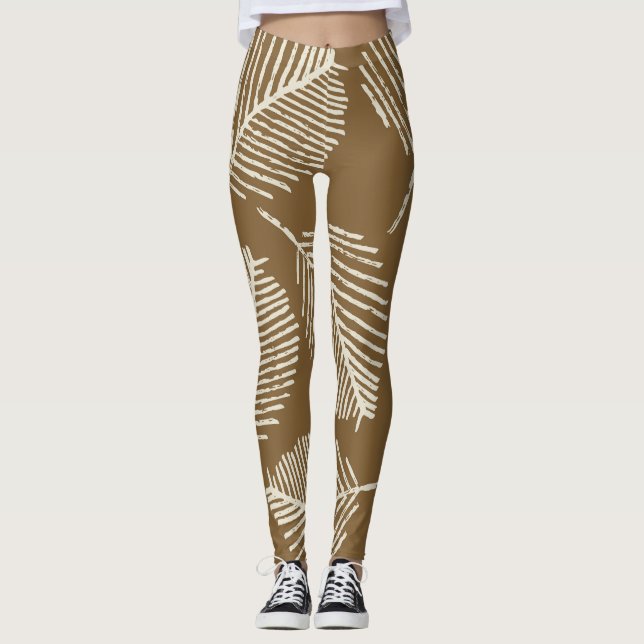 Leaves mono print, caramel brown, seamless. leggings (Front)