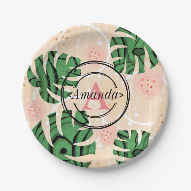 leaves ,monsters , tropical, palm, personalised paper plate (Front)