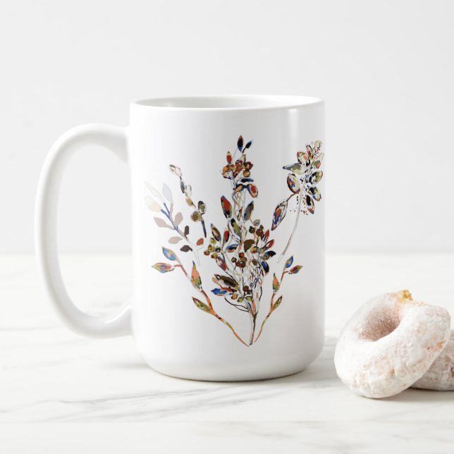 Leaves Motif White Elegant Watercolor Floral Coffee Mug (With Donut)