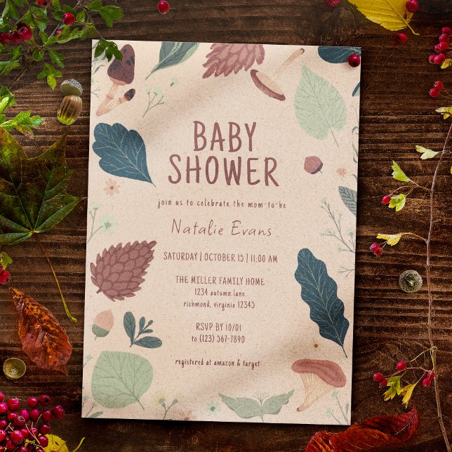 Leaves & Mushrooms | Rustic Fall Baby Shower Invitation (Creator Uploaded)