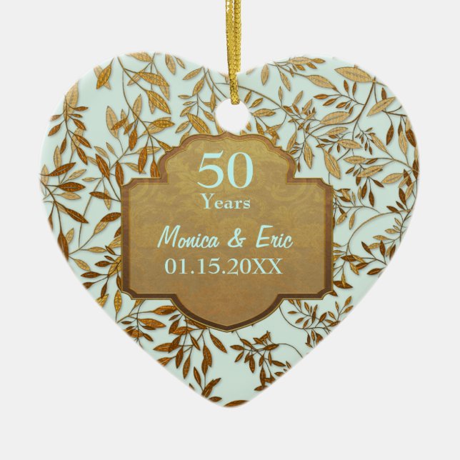 Leaves of Gold 50th Wedding Anniversary Ceramic Tree Decoration (Front)