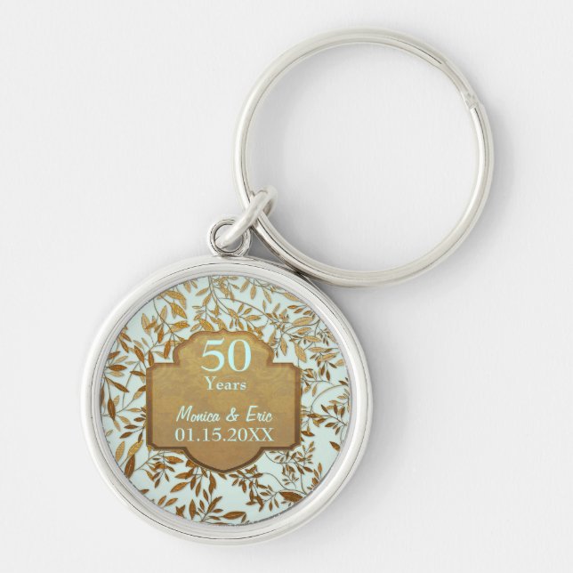 Leaves of Gold 50th Wedding Anniversary Key Ring (Front)