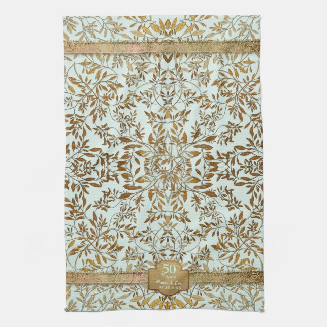 Leaves of Gold 50th Wedding Anniversary Tea Towel (Vertical)