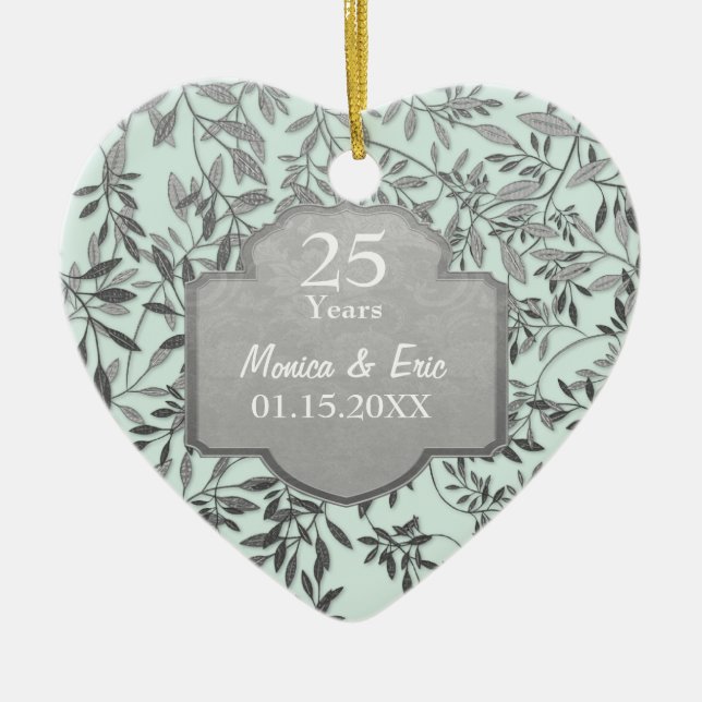 Leaves of Silver 25th Wedding Anniversary Ceramic Tree Decoration (Front)