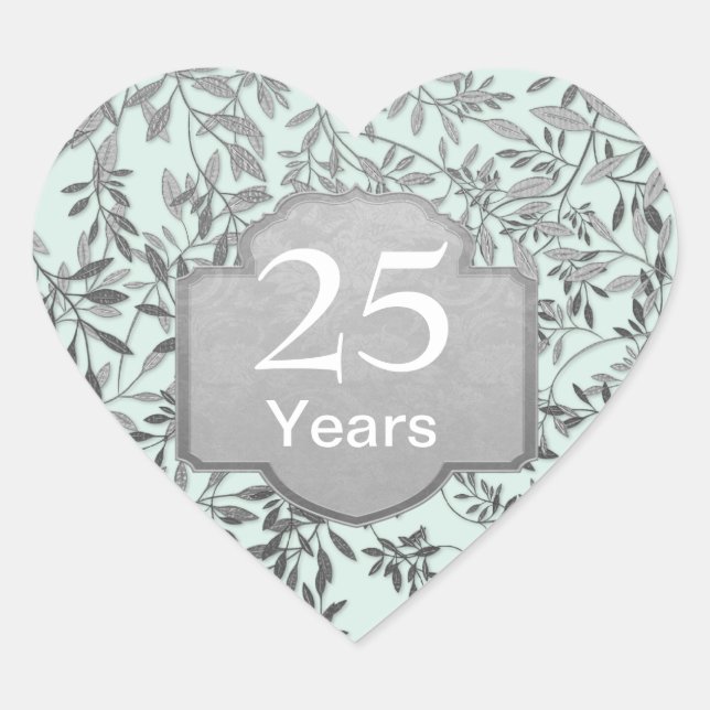 Leaves of Silver 25th Wedding Anniversary Heart Sticker (Front)