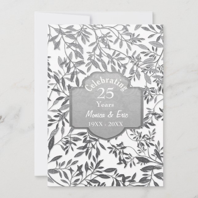 Leaves of Silver 25th Wedding Anniversary White Invitation (Front)